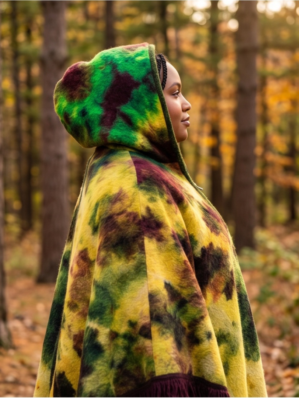 Vintage Real Wool Tie Die Multicolour Hooded Cape with Fringe
